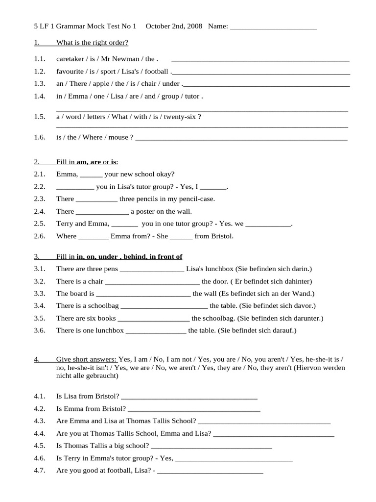 Green Line 1 G8 - Unit 1 Grammar Test | PDF