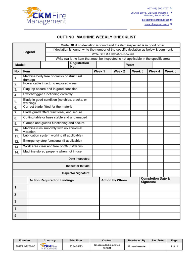 SHE 9.1 R 06 00 Cutting Machine Weekly Checklist | PDF | Chess Theory ...