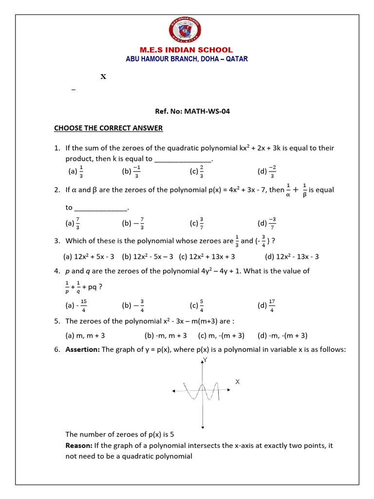 Grade 10 Mathematics Worksheet on Polynomials | PDF | Polynomial | Zero ...