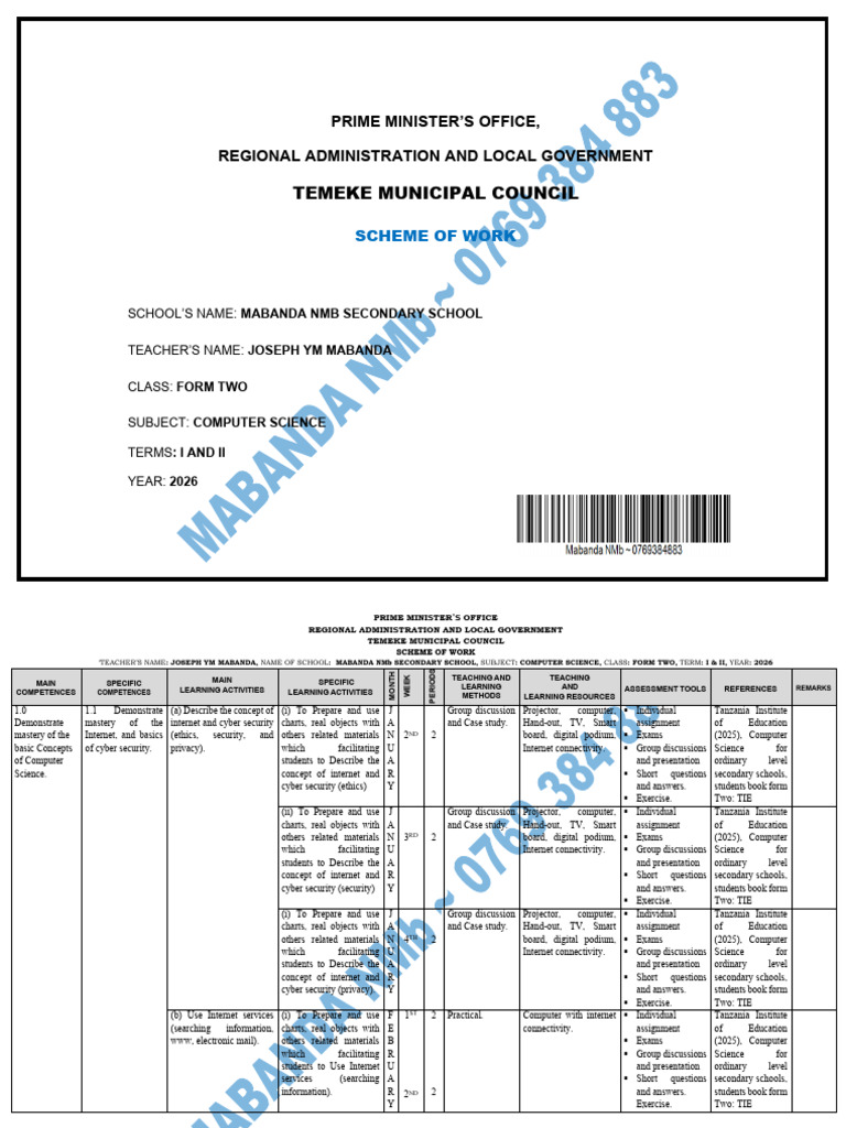 Form Two Computer Science Scheme 2026 | PDF | Intelligence | Cognition
