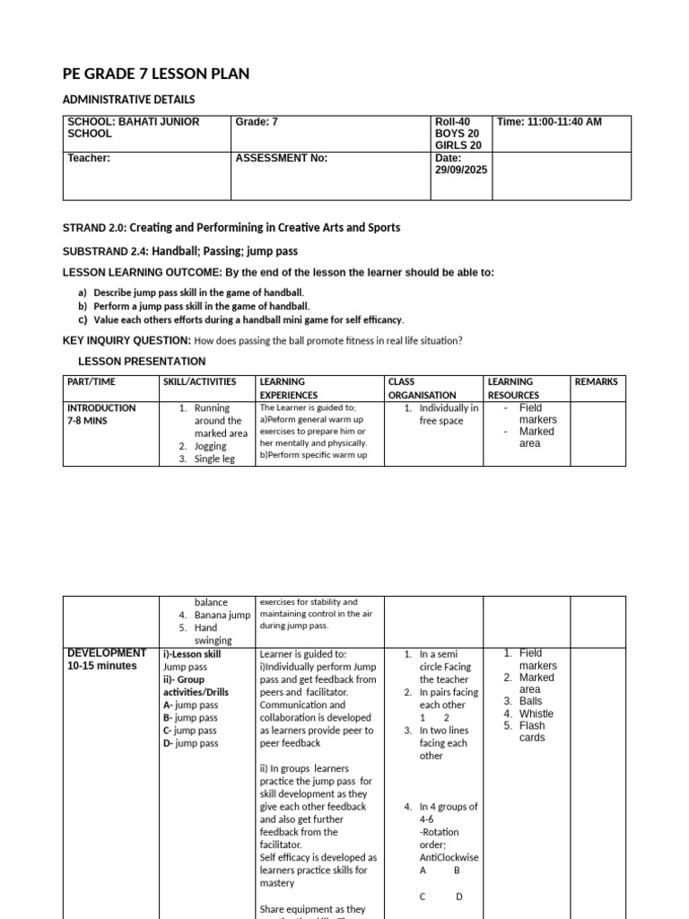 Grade 7 Handball Lesson Plan | PDF | Learning | Lesson Plan