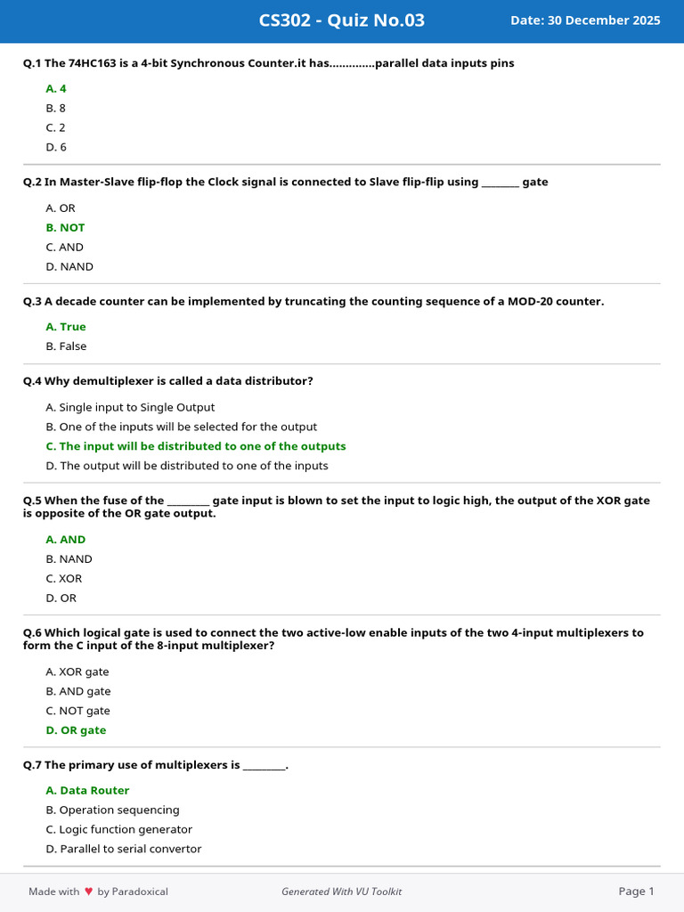 CS302 Quiz: Digital Logic Fundamentals | PDF