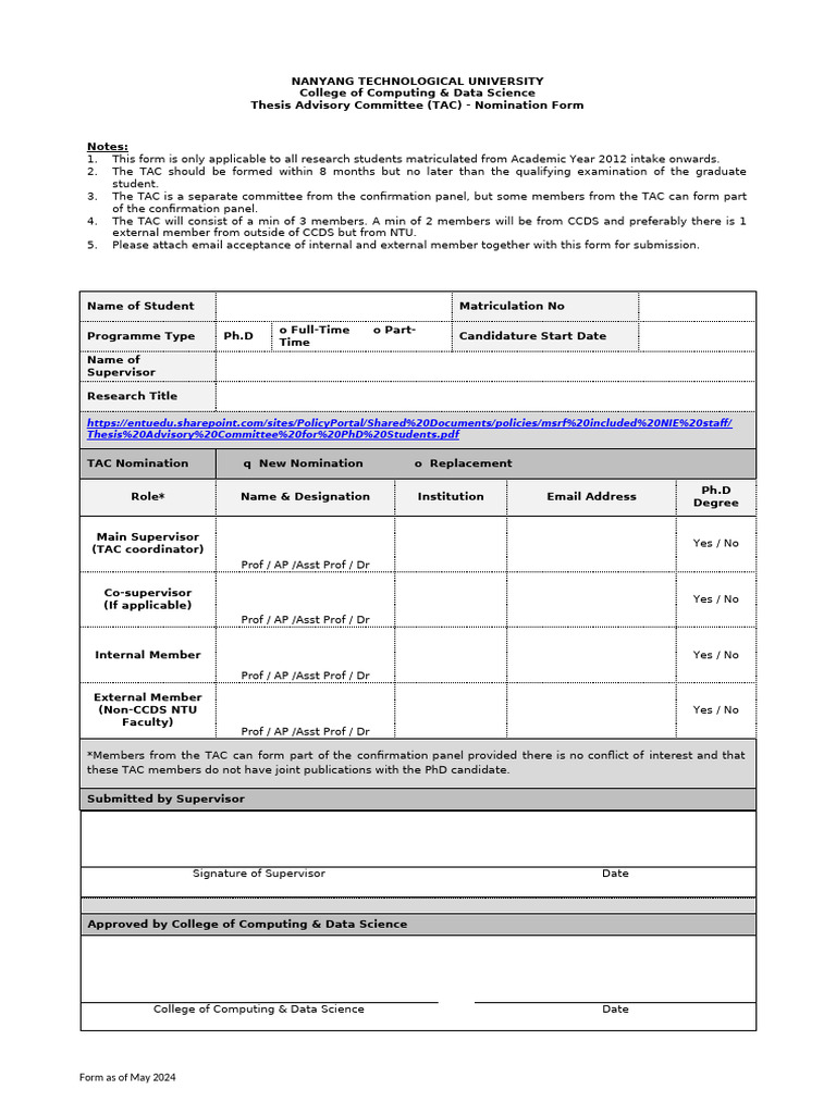 TAC Nomination Form for PhD Students | PDF | Doctor Of Philosophy | Thesis
