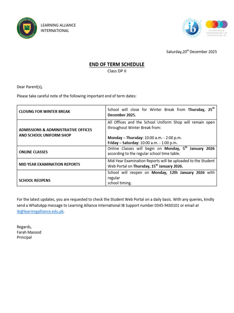 Ibdp II End of Term Letter | PDF