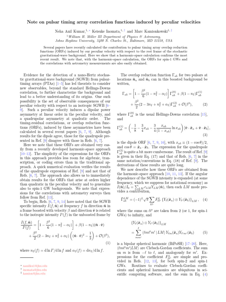 Note On Pulsar Timing Array Correlation Functions Induced by Peculiar ...