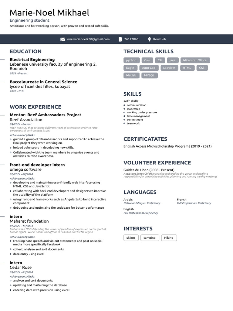 Marie-Noel Mikhael: Engineering Student Profile | PDF | Systems ...