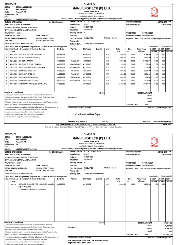 Purchase Order for Industrial Equipment | PDF
