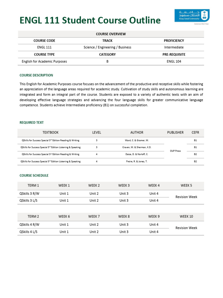 4829 ENGL 111 Student Course Outline | PDF | Learning | Behavior ...