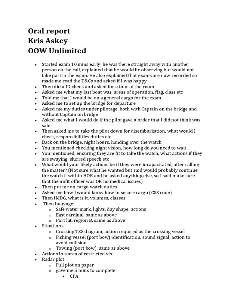 Oral Exam Report for Maritime Duties | PDF