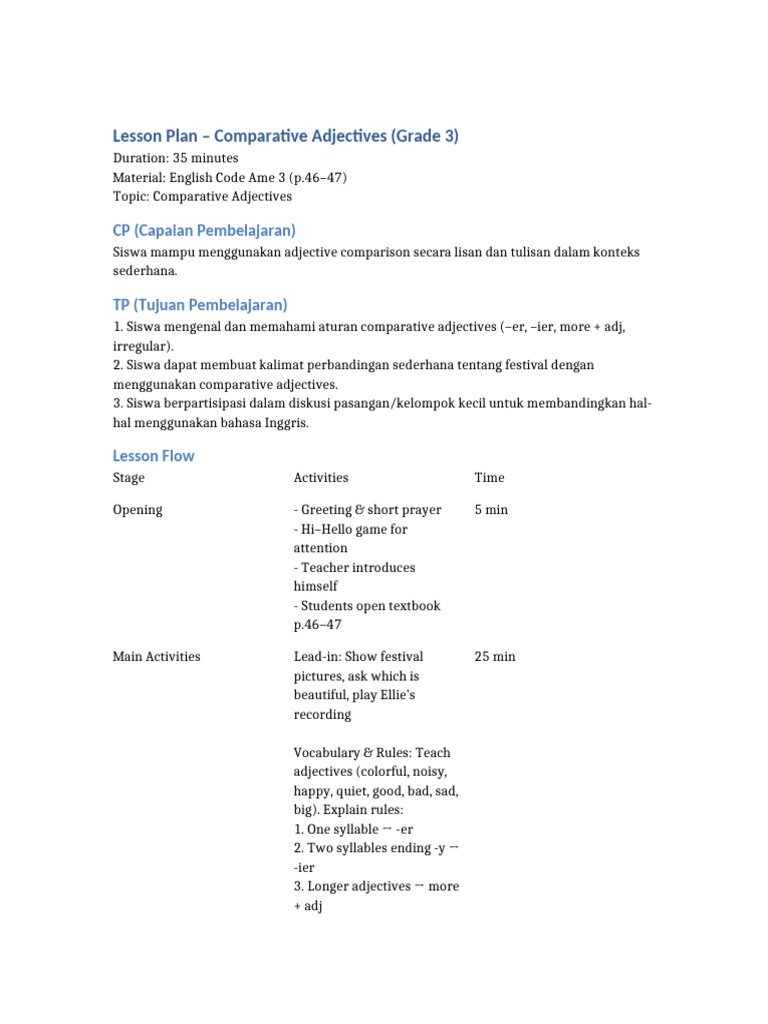 Grade 3 Lesson Plan: Comparative Adjectives | PDF