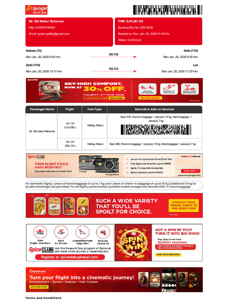 SpiceJet Flight Booking Confirmation | PDF | Credit Card | Debit Card