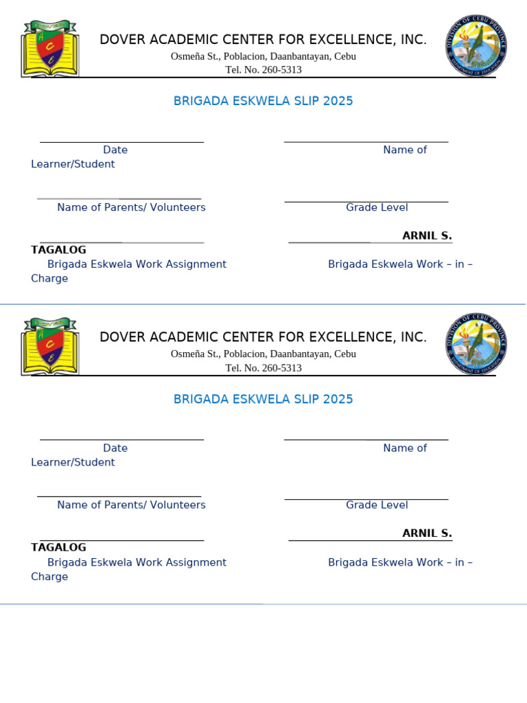 Brigada Eskwela Slip 2025 Template | PDF