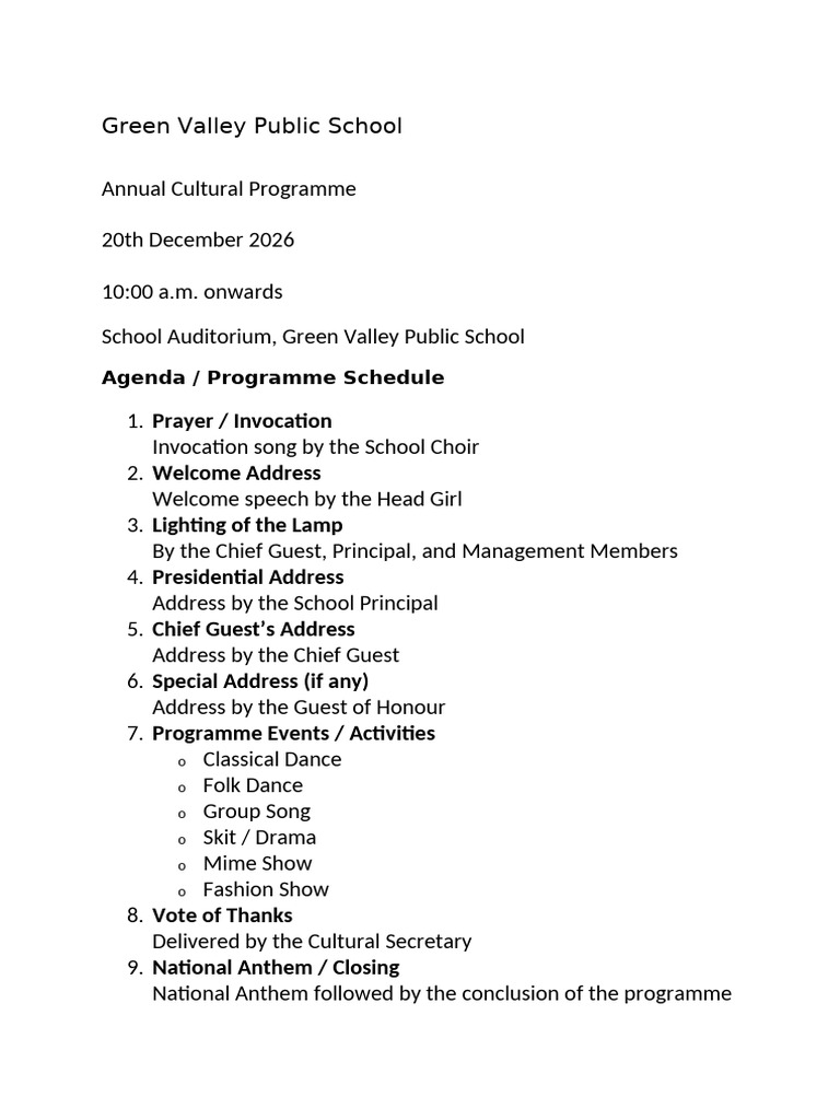 Green Valley School Cultural Programme 2026 | PDF