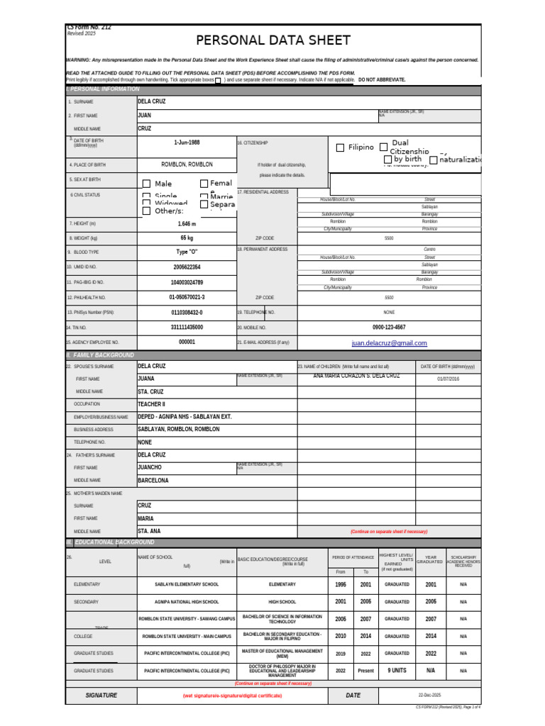 ANNEX H 1 CS Form No. 212 Revised 2025 Personal Data Sheet Updated | PDF