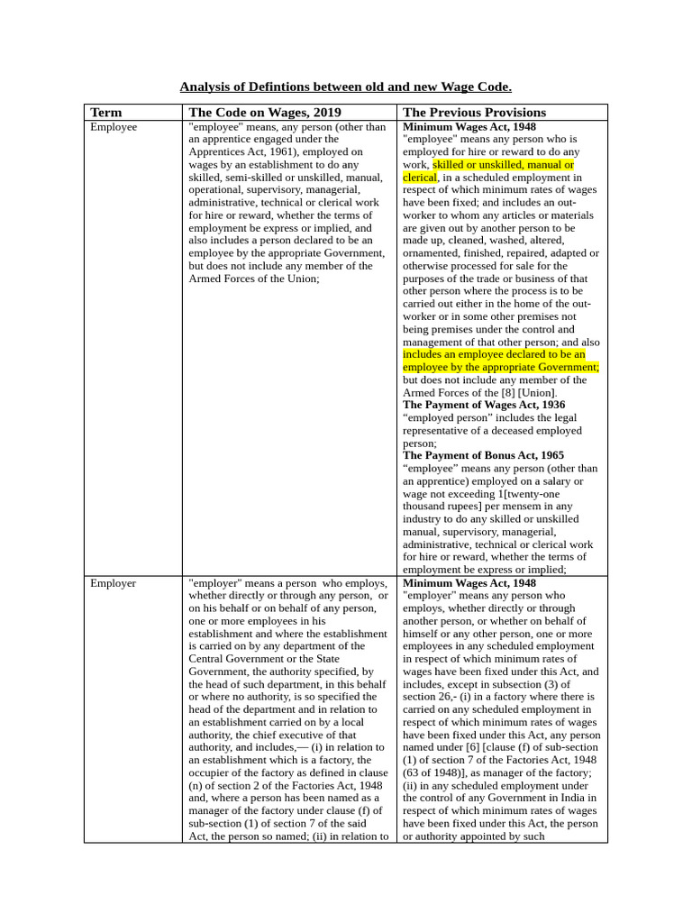 Wage Code Definitions: Old vs New | PDF | Cost Of Living | Employment