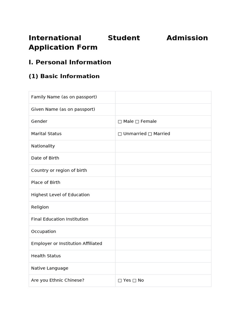 International Student Admission Form | PDF
