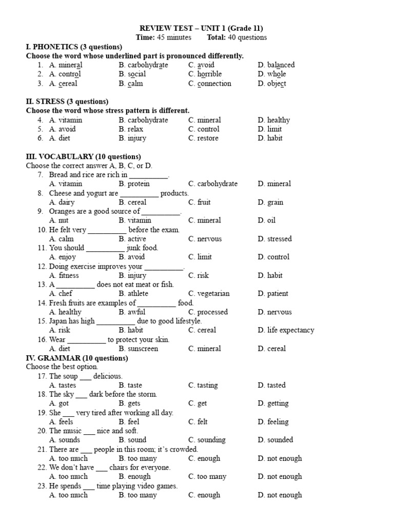 Grade 11 Unit 1 Review Test | PDF | Healthy Diet | Diet (Nutrition)