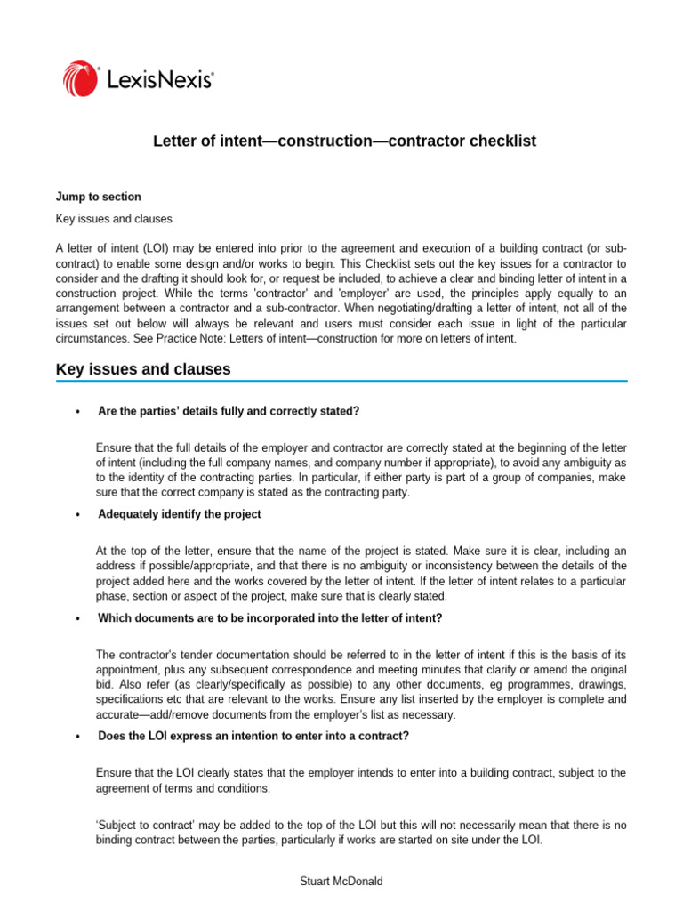 Construction Contractor LOI Checklist | PDF | Indemnity | Legal Liability