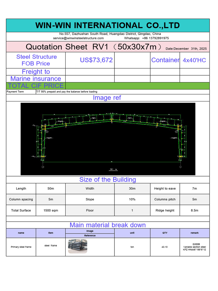 Steel Structure Quotation RV1 50x30m | PDF | Structural Engineering ...