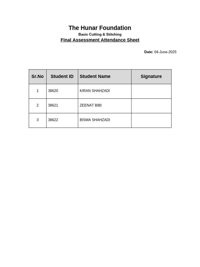 Hunar Foundation Cutting & Stitching Assessment | PDF
