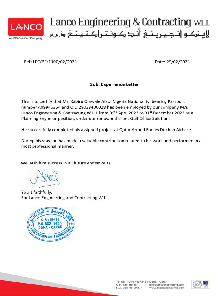 Lanco Experience Letter | PDF