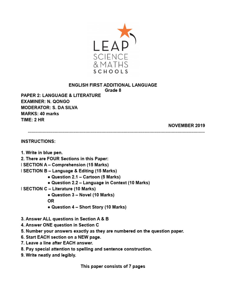 Grade 8 English Language Exam Paper | PDF