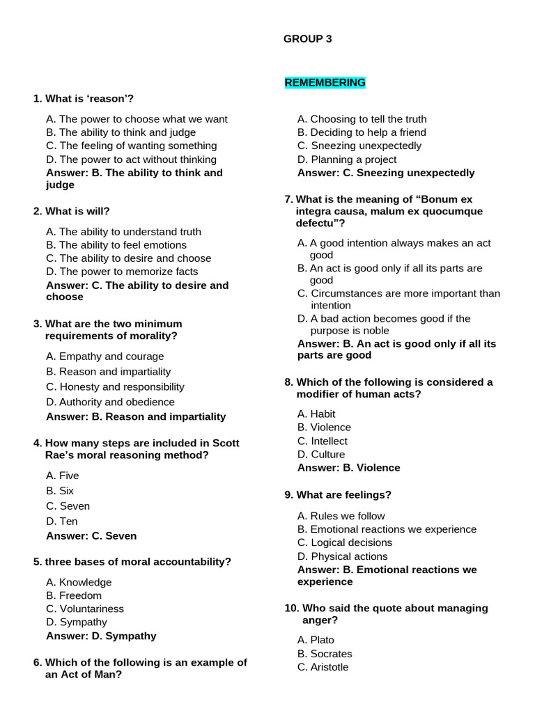 Ge703 Chapter 3 the Human Act Questions With Answers | PDF | Reason ...