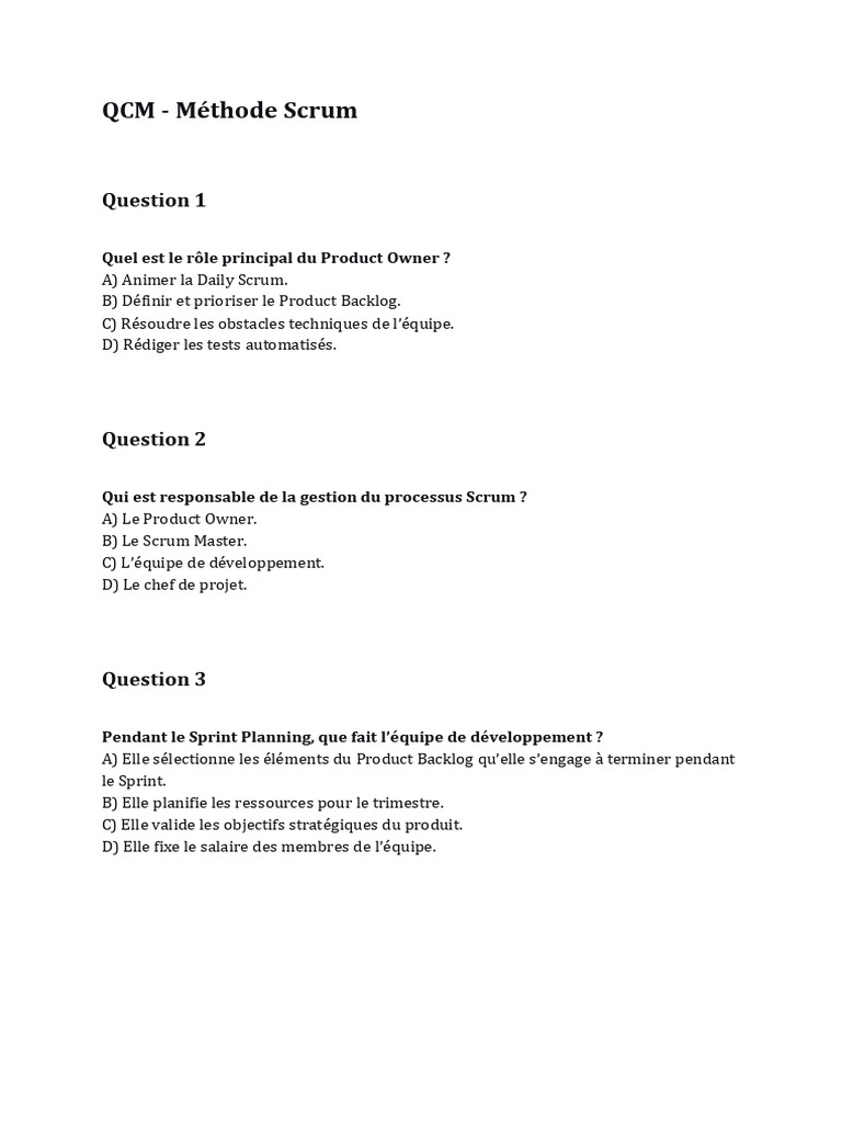 QCM sur la méthode Scrum et ses rôles | PDF | Scrum (développement)