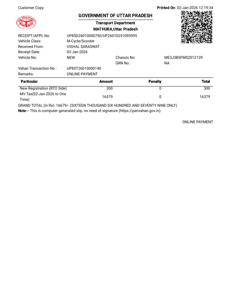 Uttar Pradesh Vehicle Registration Receipt | PDF