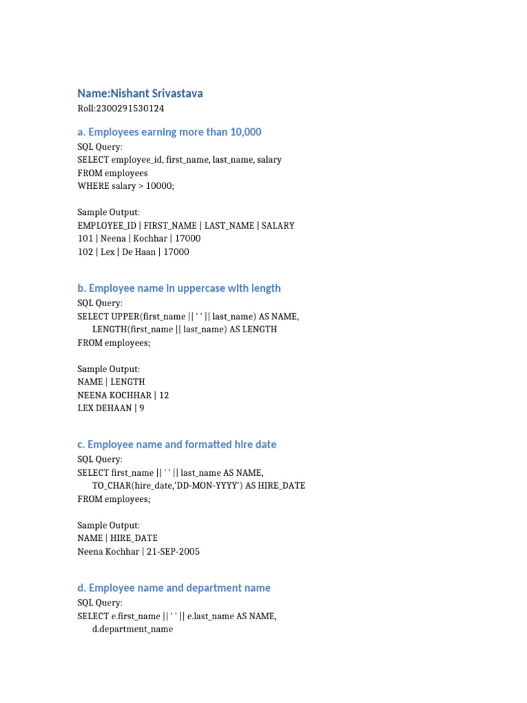 SQL Queries and PL/SQL Functions for Employees | PDF