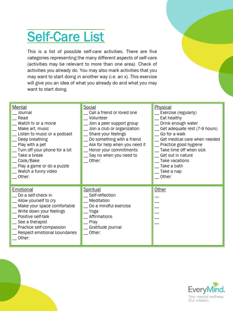 Comprehensive Self-Care Activity List | PDF | Mental Health ...