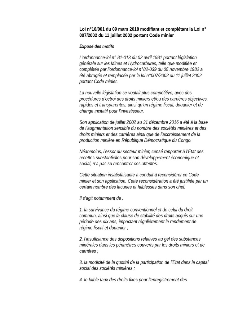 Révision du Code minier en RDC 2018 | PDF | Métaux | Exploitation minière