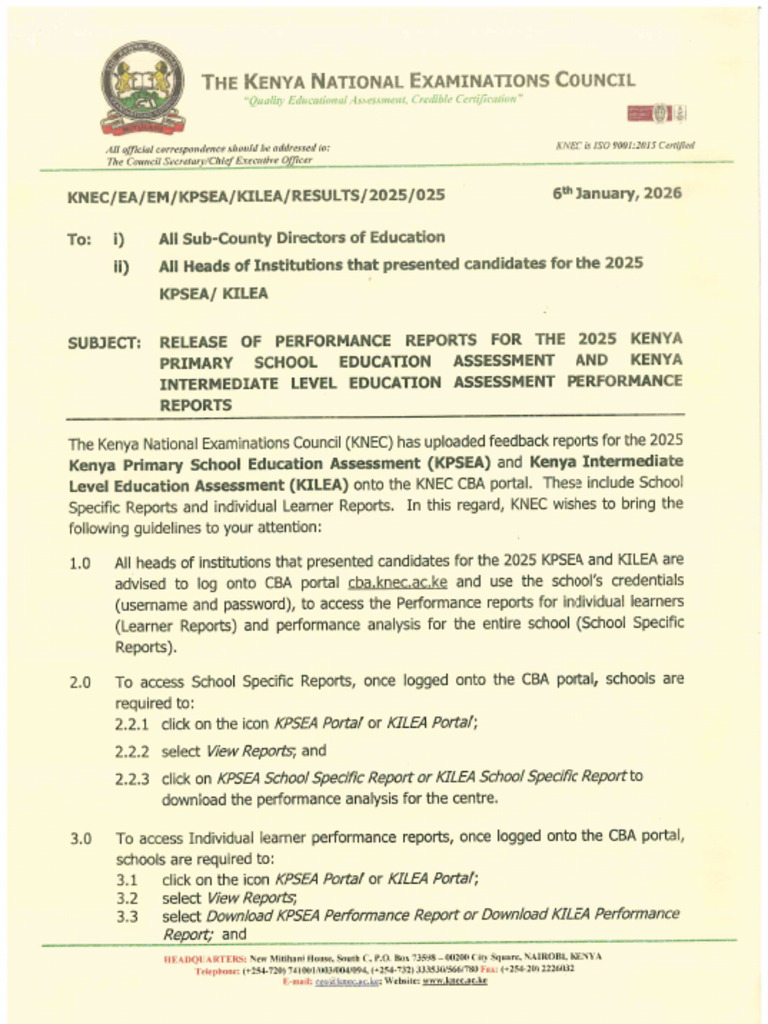 Circular On Release of 2025 Kpsea and Kilea Performance Reports | PDF
