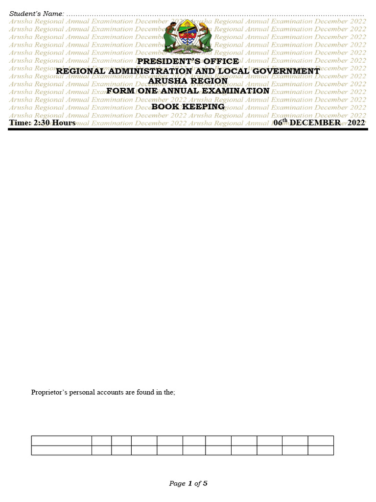 Form One Bookkeeping Exam Paper | PDF | Debits And Credits | Bookkeeping