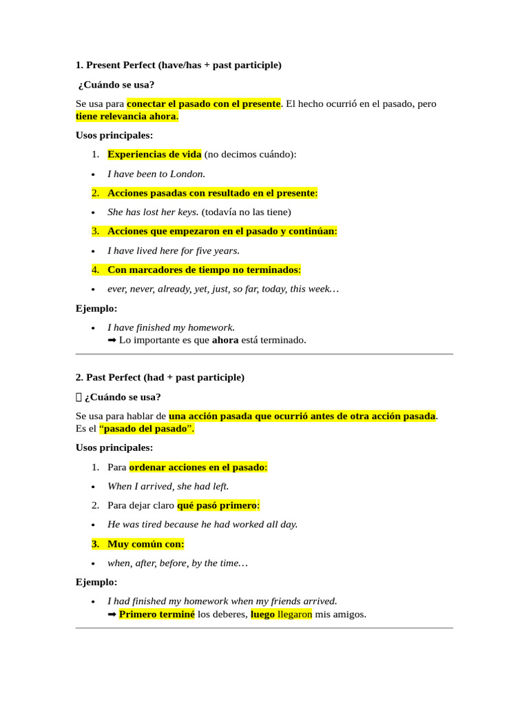 Uso del Present y Past Perfect en inglés | PDF