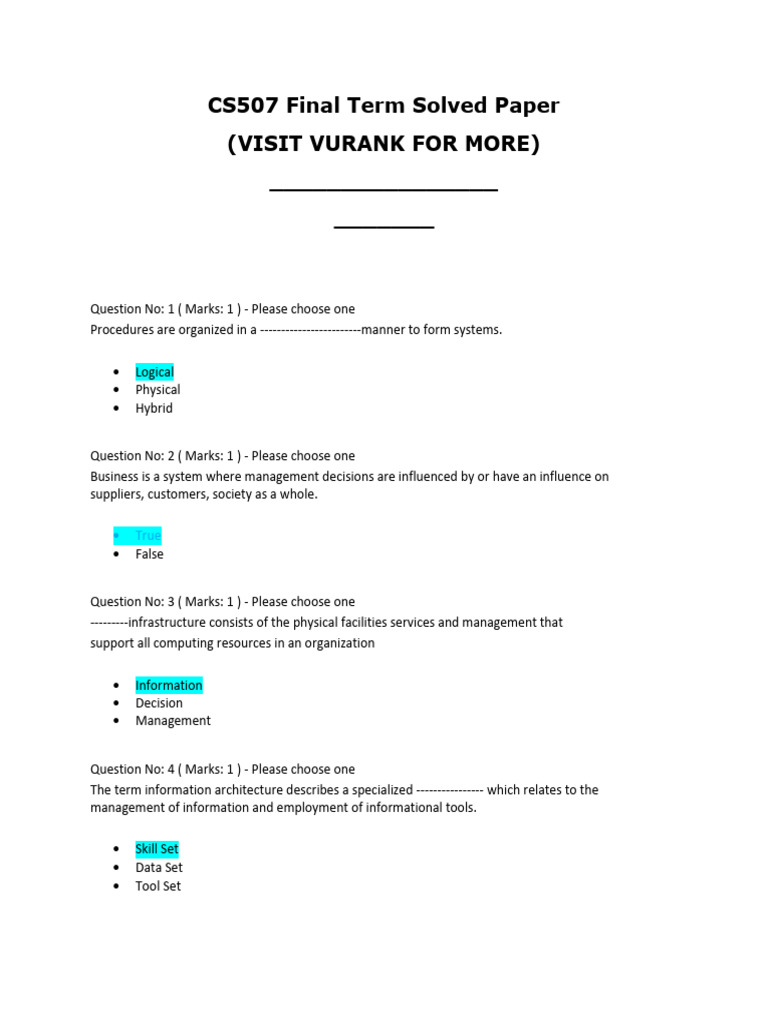 CS507 Final Term Exam Solutions | PDF | System | Computing