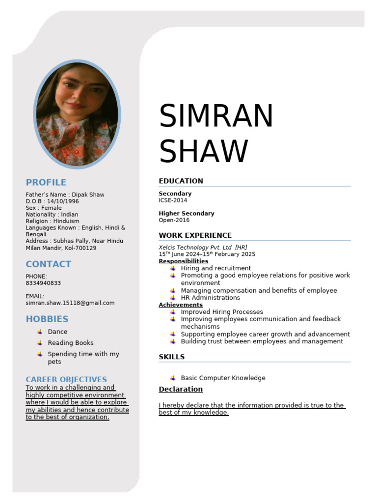 Simran Shaw - HR Profile & Career Goals | PDF