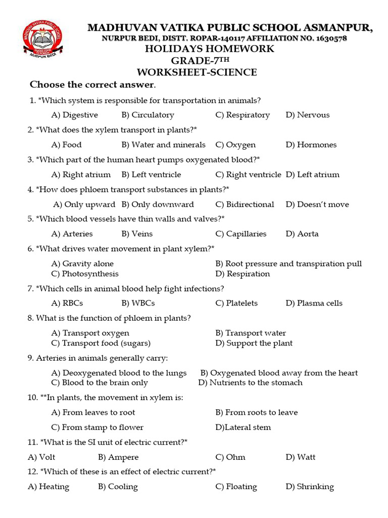 Grade 7 Science Holiday Homework | PDF | Electric Current | Blood
