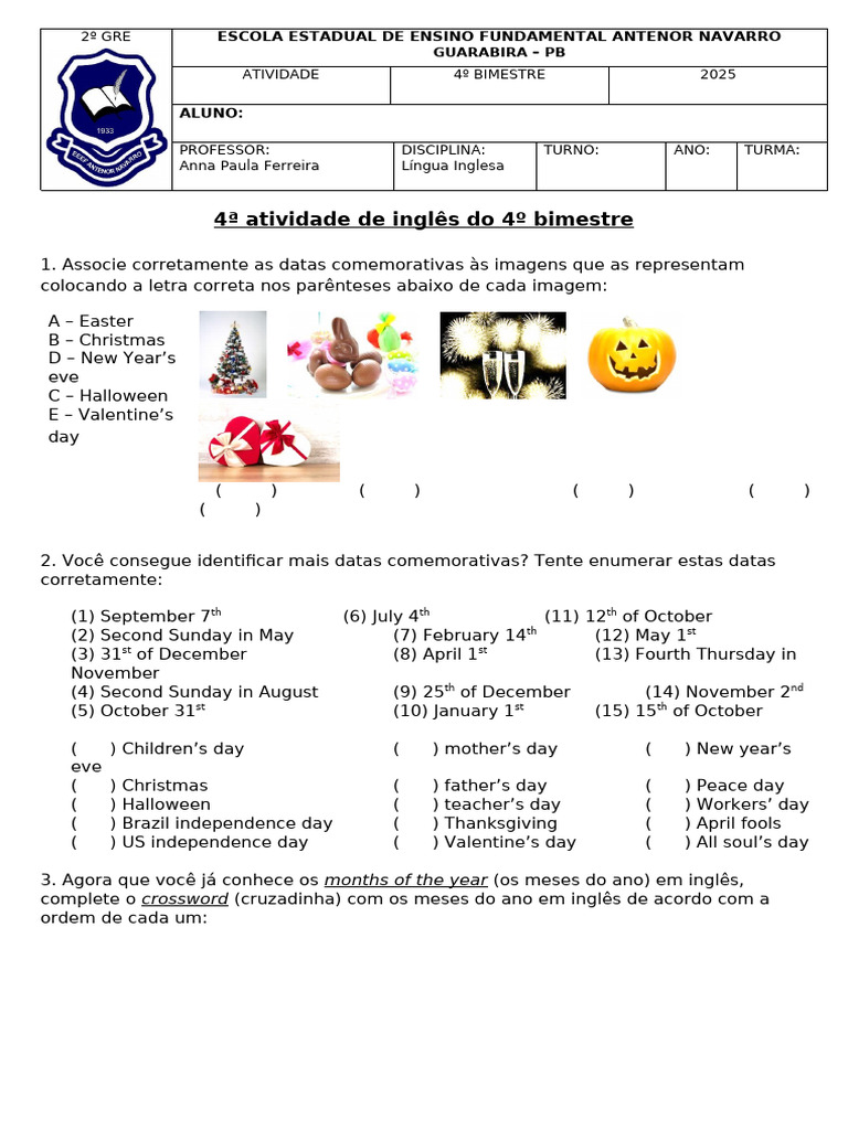 Atividade de Inglês: Datas Comemorativas | PDF