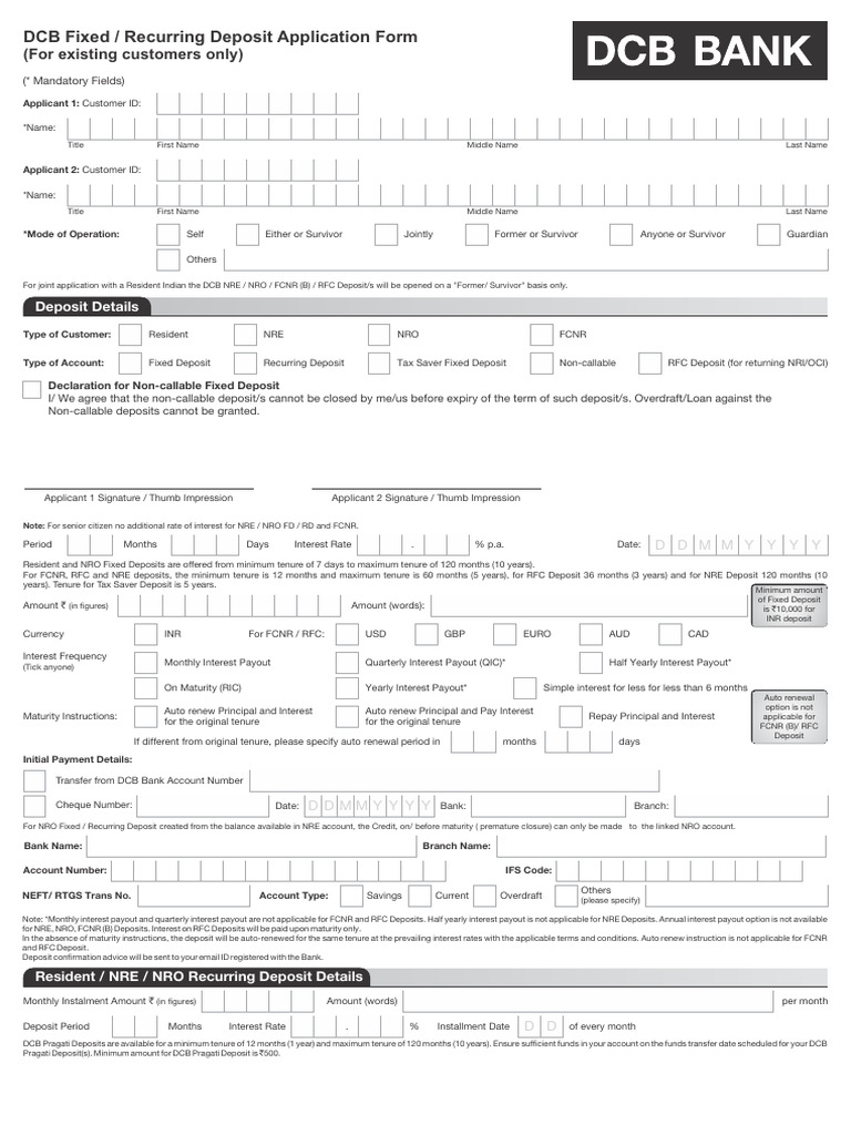 DCB Fixed Deposit Application Form | PDF | Banks | Banking