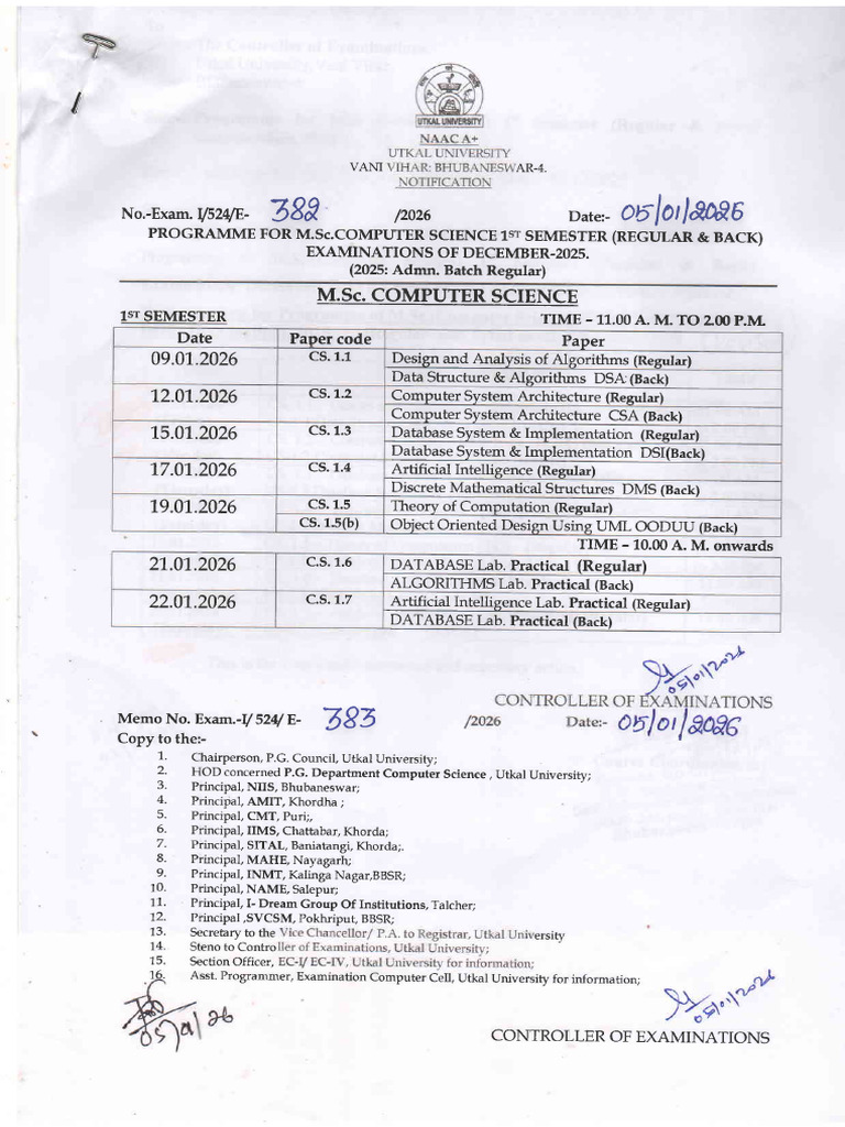M.Sc. Computer Science 1st Semester Exam Schedule | PDF | Computer ...