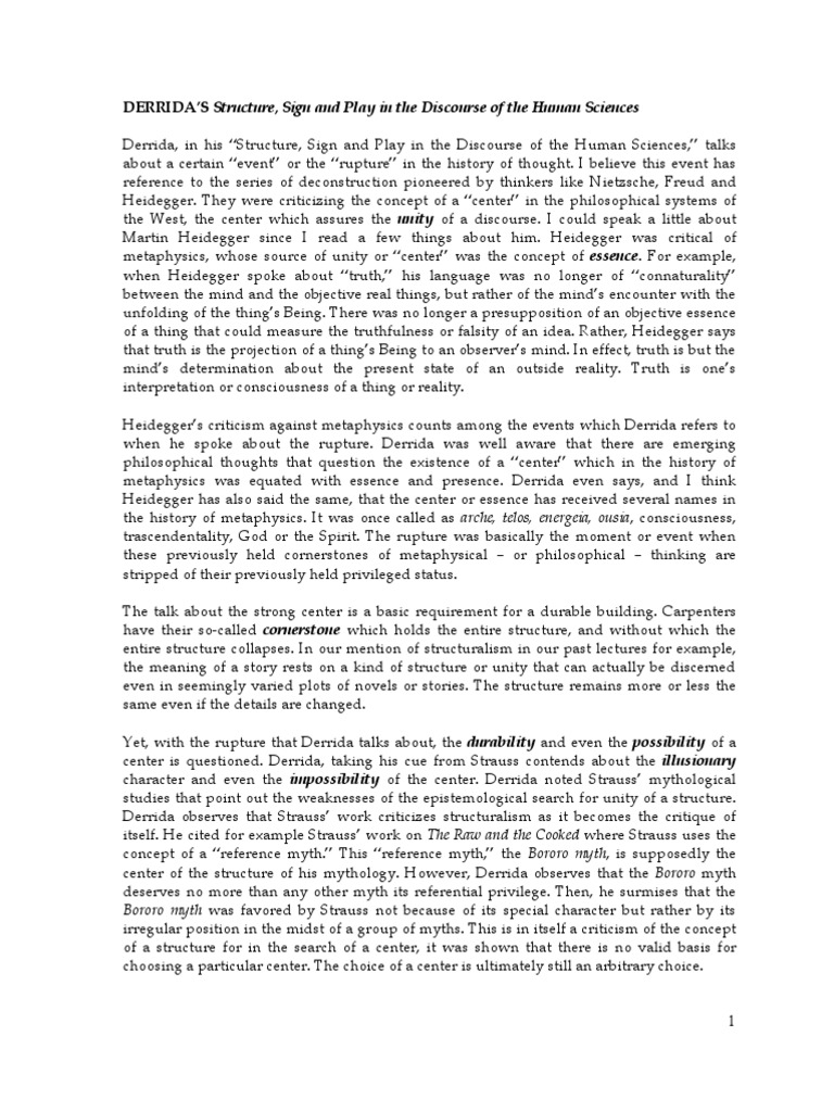 DERRIDA's Structure, Sign and Play in The Discourse of Human Sciences