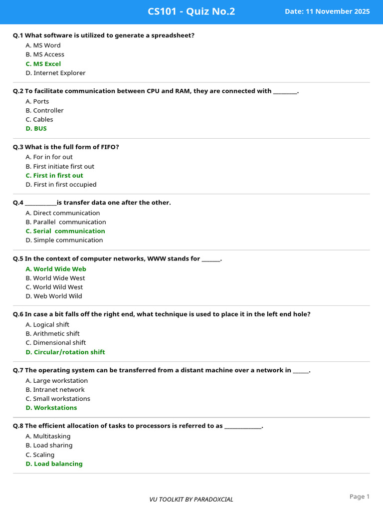 CS101 Quiz 2: Computer Basics Test | PDF