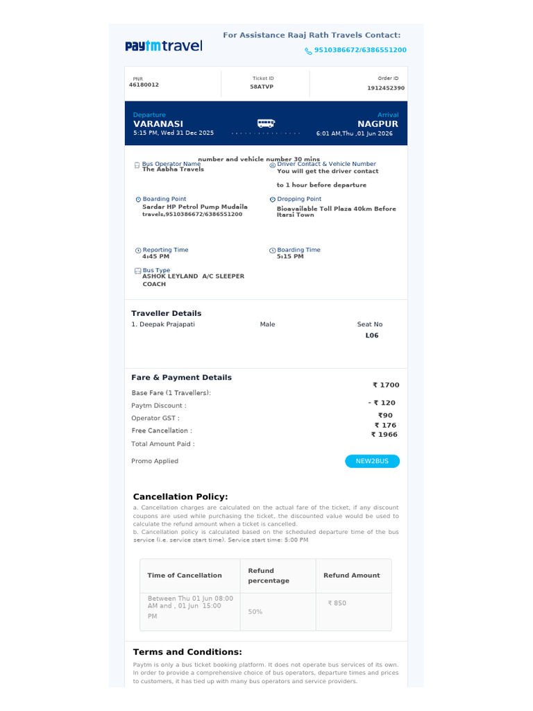 Paytm Bus Ticket Booking Details | PDF | Identity Document | Bus
