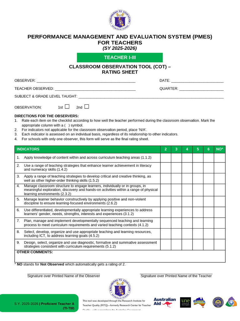 Teacher Evaluation Rating Sheet Template | PDF | Teachers | Learning