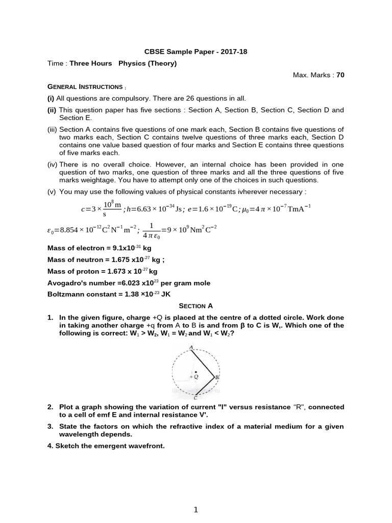 CBSE 2017-18 Physics Sample Paper | PDF | Physical Quantities | Waves