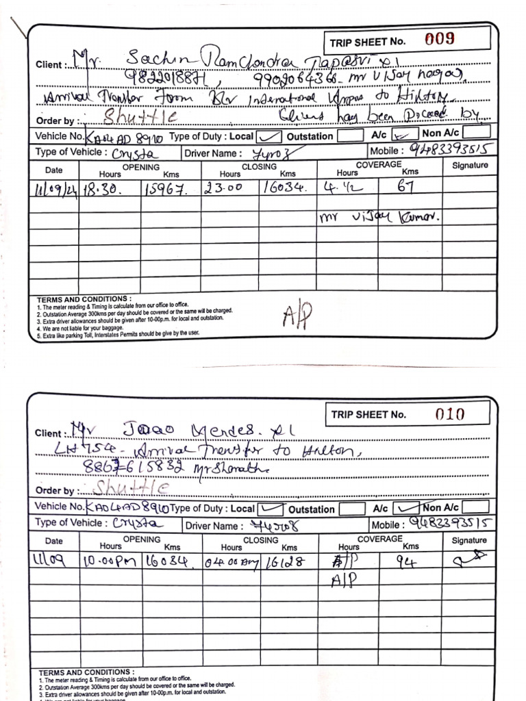 11th Sep Pickup Drop Duty Slip | PDF