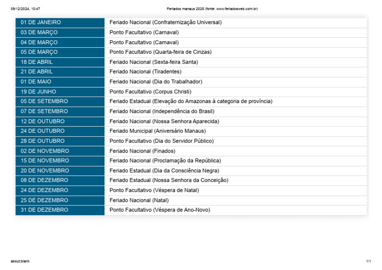 Feriados e Pontos Facultativos Manaus 2025 | PDF