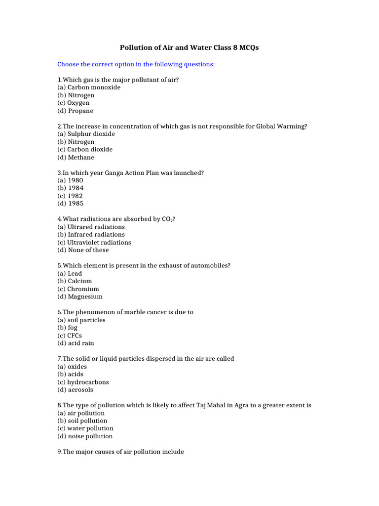 Class 8 MCQs on Air and Water Pollution | PDF | Atmosphere Of Earth | Oxide