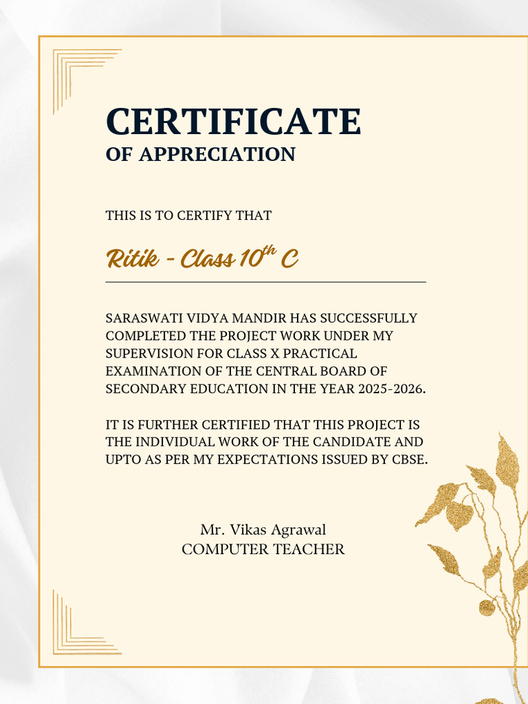 CBSE Class X Project Completion Certificate | PDF